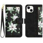 For iPhone 13 mini Floral Pattern Leather Phone Case with Lanyard(Black) - 1