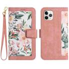 For iPhone 12 / 12 Pro Floral Pattern Leather Phone Case with Lanyard(Pink) - 1