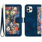 For iPhone 12 / 12 Pro Floral Pattern Leather Phone Case with Lanyard(Dark Blue) - 1