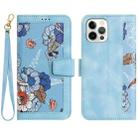 For iPhone 12 Pro Max Floral Pattern Leather Phone Case with Lanyard(Light Blue) - 1