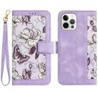 For iPhone 12 Pro Max Floral Pattern Leather Phone Case with Lanyard(Light Purple) - 1