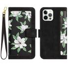 For iPhone 12 Pro Max Floral Pattern Leather Phone Case with Lanyard(Black) - 1