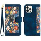 For iPhone 12 Pro Max Floral Pattern Leather Phone Case with Lanyard(Dark Blue) - 1