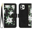For iPhone 11 Pro Floral Pattern Leather Phone Case with Lanyard(Black) - 1