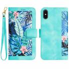 For iPhone XS / X Floral Pattern Leather Phone Case with Lanyard(Green) - 1