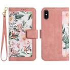 For iPhone XS / X Floral Pattern Leather Phone Case with Lanyard(Pink) - 1