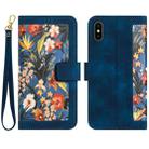 For iPhone XS / X Floral Pattern Leather Phone Case with Lanyard(Dark Blue) - 1