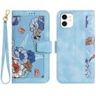 For iPhone 12 mini Floral Pattern Leather Phone Case with Lanyard(Light Blue) - 1