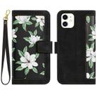 For iPhone 12 mini Floral Pattern Leather Phone Case with Lanyard(Black) - 1
