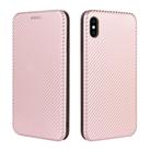 For iPhone X / XS Carbon Fiber Texture Horizontal Flip TPU + PC + PU Leather Case with Card Slot(Pink) - 2