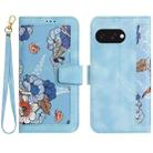 For Google Pixel 9a Floral Pattern Leather Phone Case with Lanyard(Light Blue) - 1