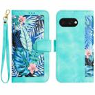 For Google Pixel 9a Floral Pattern Leather Phone Case with Lanyard(Green) - 1