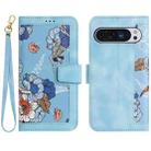 For Google Pixel 9 Pro XL Floral Pattern Leather Phone Case with Lanyard(Light Blue) - 1