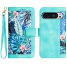 For Google Pixel 9 Pro XL Floral Pattern Leather Phone Case with Lanyard(Green) - 1