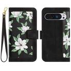 For Google Pixel 9 Pro XL Floral Pattern Leather Phone Case with Lanyard(Black) - 1