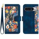 For Google Pixel 9 Pro XL Floral Pattern Leather Phone Case with Lanyard(Dark Blue) - 1