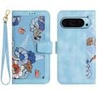 For Google Pixel 9 / 9 Pro Floral Pattern Leather Phone Case with Lanyard(Light Blue) - 1