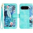 For Google Pixel 9 / 9 Pro Floral Pattern Leather Phone Case with Lanyard(Green) - 1