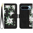 For Google Pixel 9 / 9 Pro Floral Pattern Leather Phone Case with Lanyard(Black) - 1