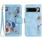 For Google Pixel 8 Pro Floral Pattern Leather Phone Case with Lanyard(Light Blue) - 1