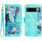 For Google Pixel 8 Pro Floral Pattern Leather Phone Case with Lanyard(Green) - 1