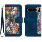 For Google Pixel 8 Pro Floral Pattern Leather Phone Case with Lanyard(Dark Blue) - 1