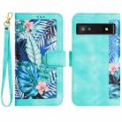 For Google Pixel 7a Floral Pattern Leather Phone Case with Lanyard(Green) - 1