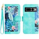 For Google Pixel 7 Pro Floral Pattern Leather Phone Case with Lanyard(Green) - 1