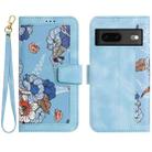 For Google Pixel 7 Floral Pattern Leather Phone Case with Lanyard(Light Blue) - 1