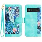 For Google Pixel 6a Floral Pattern Leather Phone Case with Lanyard(Green) - 1