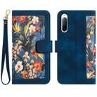 For Sony Xperia 10 V Floral Pattern Leather Phone Case with Lanyard(Dark Blue) - 1