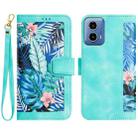 For Motorola Moto G34 Floral Pattern Leather Phone Case with Lanyard(Green) - 1