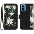 For Motorola Moto G34 Floral Pattern Leather Phone Case with Lanyard(Black) - 1