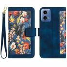 For Motorola Moto G34 Floral Pattern Leather Phone Case with Lanyard(Dark Blue) - 1