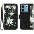 For Redmi Note 13 5G Floral Pattern Leather Phone Case with Lanyard(Black) - 1