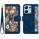 For Redmi Note 13 4G Floral Pattern Leather Phone Case with Lanyard(Dark Blue) - 1