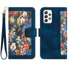 For Samsung Galaxy A73 5G Floral Pattern Leather Phone Case with Lanyard(Dark Blue) - 1