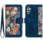 For Samsung Galaxy S24 5G Floral Pattern Leather Phone Case with Lanyard(Dark Blue) - 1