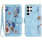 For Samsung Galaxy S23 Ultra 5G Floral Pattern Leather Phone Case with Lanyard(Light Blue) - 1