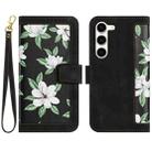 For Samsung Galaxy S23 5G Floral Pattern Leather Phone Case with Lanyard(Black) - 1