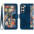 For Samsung Galaxy S23 5G Floral Pattern Leather Phone Case with Lanyard(Dark Blue) - 1