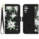 For Samsung Galaxy S23 FE 5G Floral Pattern Leather Phone Case with Lanyard(Black) - 1