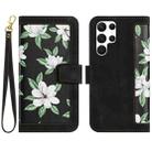 For Samsung Galaxy S22 Ultra 5G Floral Pattern Leather Phone Case with Lanyard(Black) - 1