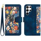 For Samsung Galaxy S22 Ultra 5G Floral Pattern Leather Phone Case with Lanyard(Dark Blue) - 1