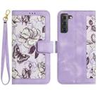 For Samsung Galaxy S22+ 5G Floral Pattern Leather Phone Case with Lanyard(Light Purple) - 1