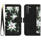 For Samsung Galaxy S22 5G Floral Pattern Leather Phone Case with Lanyard(Black) - 1