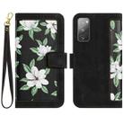 For Samsung Galaxy S20 FE Floral Pattern Leather Phone Case with Lanyard(Black) - 1