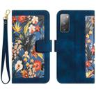 For Samsung Galaxy S20 FE Floral Pattern Leather Phone Case with Lanyard(Dark Blue) - 1