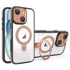 For iPhone 15 Full Coverage Lens Film MagSafe Holder Transparent Phone Case(Black+Gold) - 1