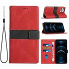 For iPhone 16 Pro Max Grid Stitching Leather Phone Case with Lanyard(Red) - 1